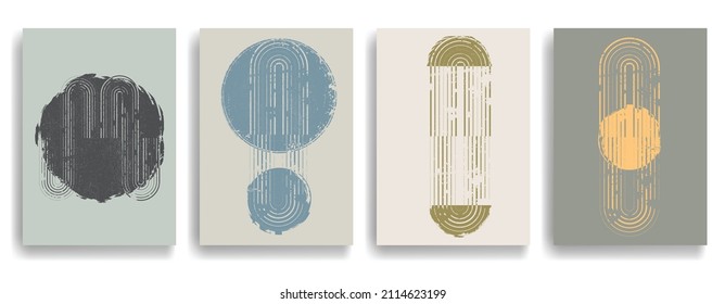 Afiche moderno con elementos de diseño minimalista. Grunge círculo texturado y arco en estilo de arte Boho . Arte mural, deco doméstico. Forma abstracta del vector.
