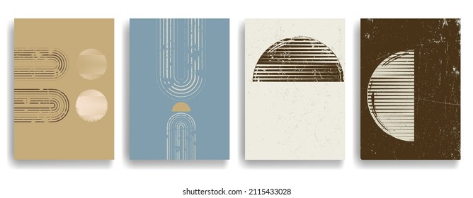 Modern poster with minimalist design elements . Grunge textured circle and arch in Boho style  . Wall art , home deco . Vector abstract shape.
