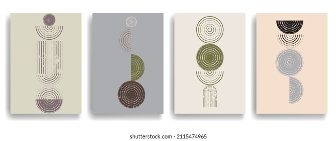 Modern poster with minimalist design elements . Grunge textured circle and arch in Boho style  . Wall art , home deco . Vector abstract shape.