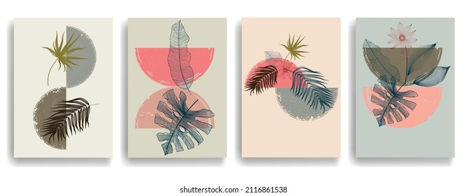 Modern poster with minimalist design elements . Grunge textured circles in Boho art style  . Wall art , home deco . Vector abstract shape.