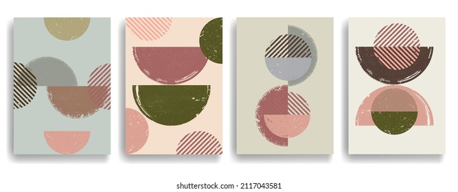 Modern poster with minimalist design elements . Grunge textured circles in Boho art style  . Wall art , home deco . Vector abstract shape.