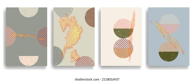 Modern poster with minimalist design elements . Grunge textured circles in Boho art style  . Wall art , home deco . Vector abstract shape.