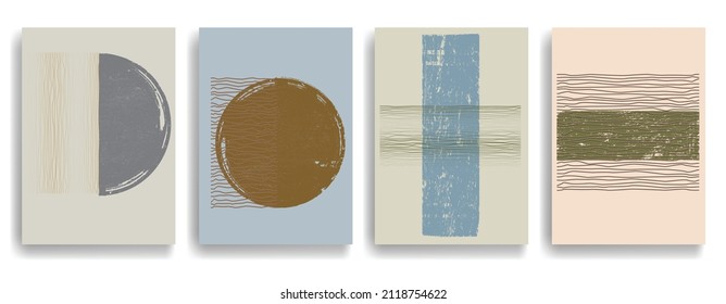 Modern poster with minimalist design elements . Grunge textured circles in Boho art style  . Wall art , home deco . Vector abstract shape.