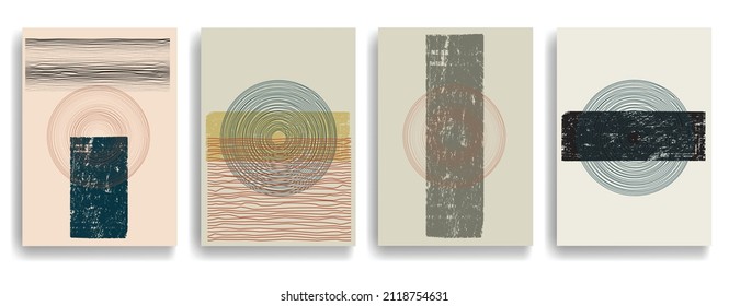 Modern poster with minimalist design elements . Grunge textured circles in Boho art style  . Wall art , home deco . Vector abstract shape.