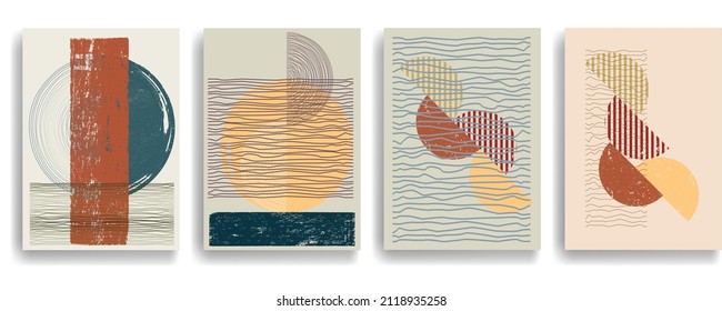 Modern poster with minimalist design elements . Grunge textured circles in Boho art style  . Wall art , home deco . Vector abstract shape.