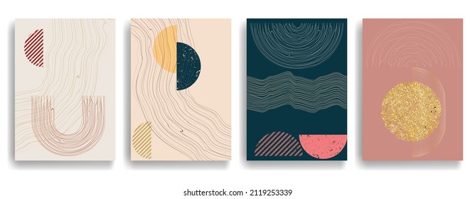 Modern poster with minimalist design elements . Grunge textured circles in Boho art style  . Wall art , home deco . Vector abstract shape.