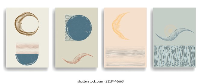 Modern poster with minimalist design elements . Grunge textured circles in Boho art style  . Wall art , home deco . Vector abstract shape.