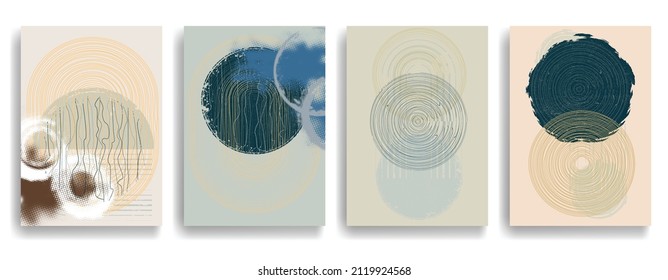 Modern poster with minimalist design elements . Grunge textured circles in Boho art style  . Wall art , home deco . Vector abstract shape.