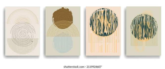 Modern poster with minimalist design elements . Grunge textured circles in Boho art style  . Wall art , home deco . Vector abstract shape.