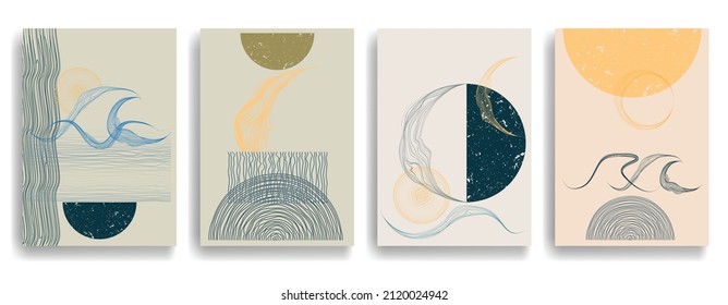 Modern poster with minimalist design elements . Grunge textured circles in Boho art style  . Wall art , home deco . Vector abstract shape.