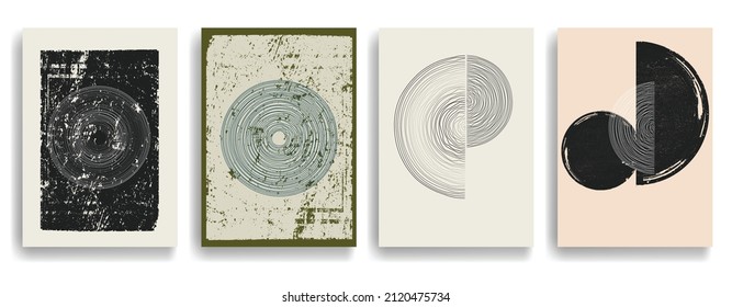Modern poster with minimalist design elements . Grunge textured circles in Boho art style  . Wall art , home deco . Vector abstract shape.