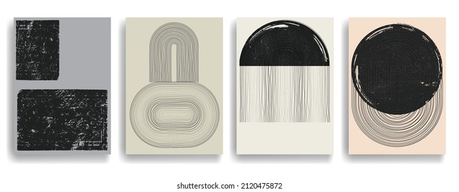 Modern poster with minimalist design elements . Grunge textured circles in Boho art style  . Wall art , home deco . Vector abstract shape.