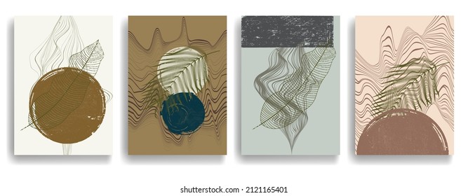 Modern poster with minimalist design elements . Grunge textured circles in Boho style  . Wall art , home deco . Vector abstract shape.