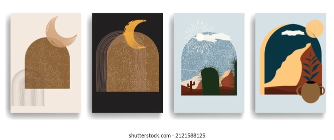 Modern poster with minimalist design elements . Window and arch in Boho style  . Wall art , home deco . Vector abstract shape.