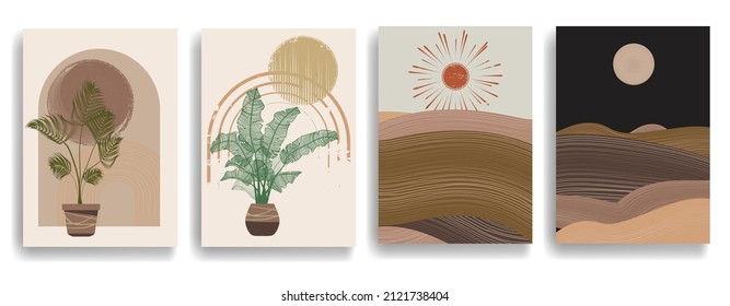 Afiche moderno con elementos de diseño minimalista. Ventana y arco al estilo Boho . Arte mural, deco doméstico. Forma abstracta del vector.