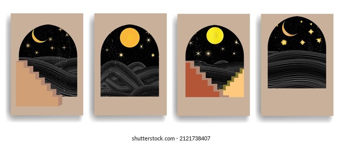 Afiche moderno con elementos de diseño minimalista. Ventana y arco al estilo Boho . Arte mural, deco doméstico. Forma abstracta del vector.