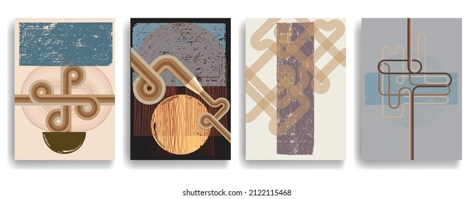 Afiche moderno con elementos de diseño minimalista. Líneas retro y círculos de textura gruesa al estilo Boho . Arte mural, deco doméstico. Forma abstracta del vector.