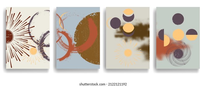 Modern poster with minimalist design elements . Grunge textured circles in Boho art style  . Wall art , home deco . Vector abstract shape.