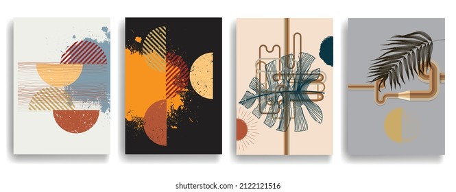 Afiche moderno con elementos de diseño minimalista. Líneas retro y círculos de textura gruesa al estilo Boho . Arte mural, deco doméstico. Forma abstracta del vector.