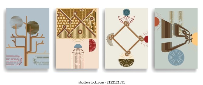 Modern poster with minimalist design elements . Retro lines and grunge textured circles in Boho style  . Wall art , home deco . Vector abstract shape.