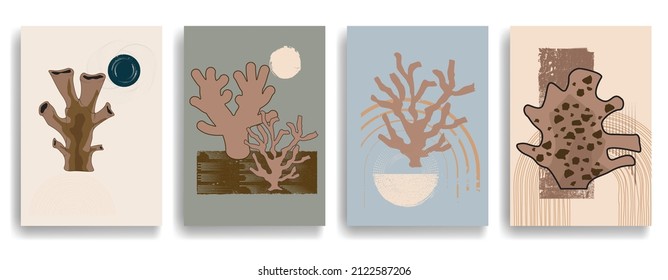 Modern poster with minimalist design elements . Grunge textured circles in Boho style  . Wall art , home deco . Vector abstract shape