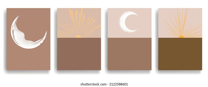 Modernes Plakat mit minimalistischen Design-Elementen. Grunge strukturierter Mond und Bogen im Boho-Stil. Wall Art , Home Deco . Abstrakte Vektorform.