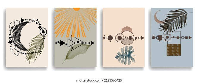 Modern poster with minimalist design elements . Retro lines and grunge textured circles in Boho style  . Wall art , home deco . Vector abstract shape.