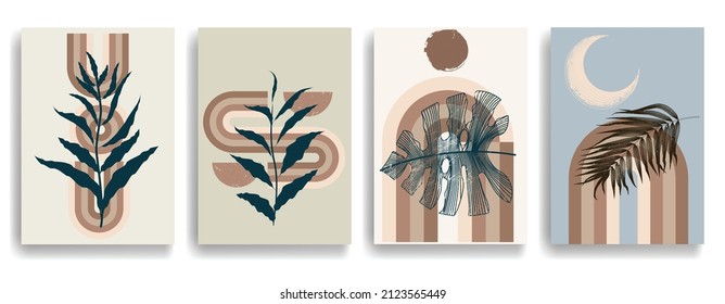 Afiche moderno con elementos de diseño minimalista. Líneas retro y círculos de textura gruesa al estilo Boho . Arte mural, deco doméstico. Forma abstracta del vector.