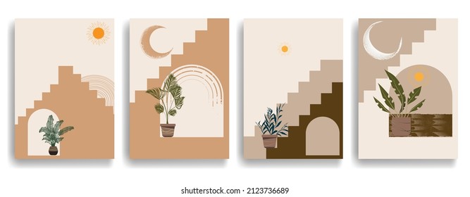 Afiche moderno con elementos de diseño minimalista al estilo Boho . Arte mural, deco doméstico. Forma abstracta del vector.
