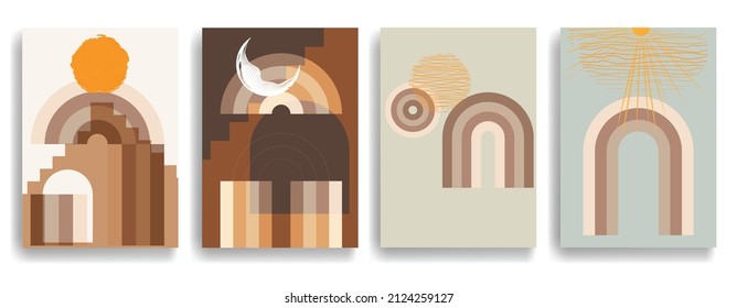 Modern poster with minimalist design elements . Grunge textured circle and arch in Boho style  . Wall art , home deco . Vector abstract shape.