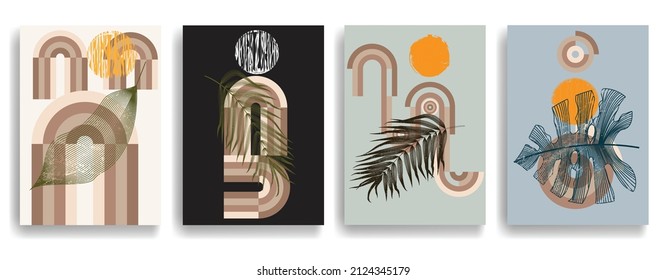Afiche moderno con elementos de diseño minimalista. Líneas retro y círculos de textura gruesa al estilo Boho . Arte mural, deco doméstico. Forma abstracta del vector.