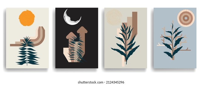 Modern poster with minimalist design elements . Retro lines and grunge textured circles in Boho style  . Wall art , home deco . Vector abstract shape.
