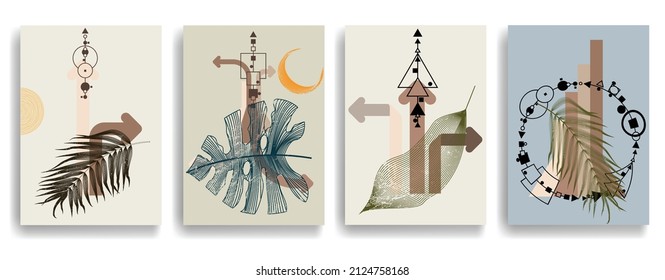 Modern poster with minimalist design elements . Retro lines and grunge textured circles in Boho style  . Wall art , home deco . Vector abstract shape.