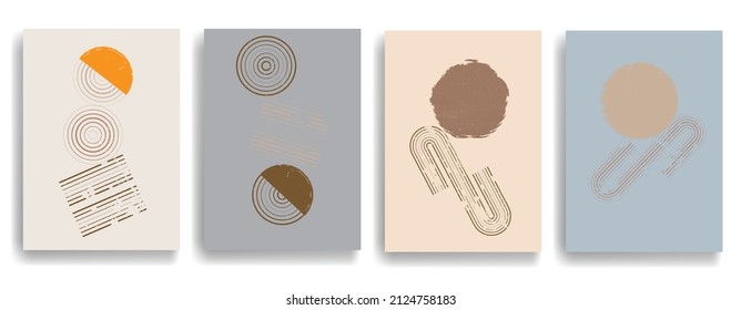 Modern poster with minimalist design elements . Retro lines and grunge textured circles in Boho style  . Wall art , home deco . Vector abstract shape.