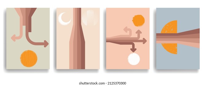 Modern poster with minimalist design elements . Retro lines and grunge textured circles in Boho style  . Wall art , home deco . Vector abstract shape.