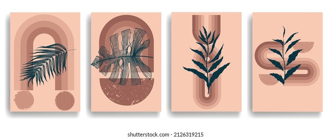 Modern poster with minimalist design elements . Retro lines and grunge textured circles in Boho style  . Wall art , home deco . Vector abstract shape.