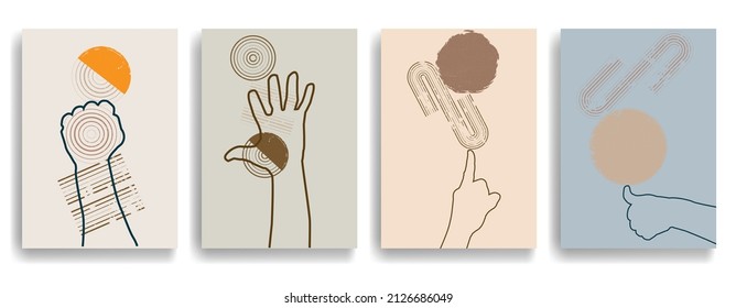 Modern poster with minimalist design elements and hands in Boho style  . Wall art , home deco . Vector abstract shape.