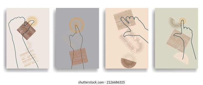 Modern poster with minimalist design elements and hands in Boho style  . Wall art , home deco . Vector abstract shape.