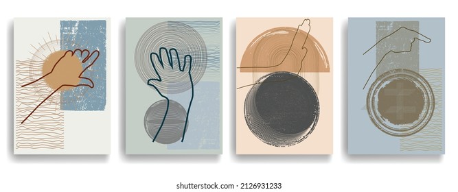 Afiche moderno con elementos de diseño minimalista y manos en estilo Boho . Arte mural, deco doméstico. Forma abstracta del vector.