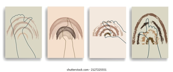 Modern poster with minimalist design elements and hands in Boho style  . Wall art , home deco . Vector abstract shape.