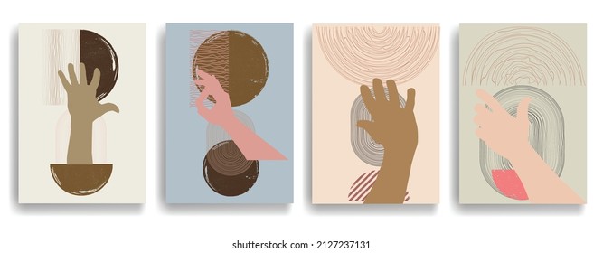 Modern poster with minimalist design elements and hands in Boho style  . Wall art , home deco . Vector abstract shape.