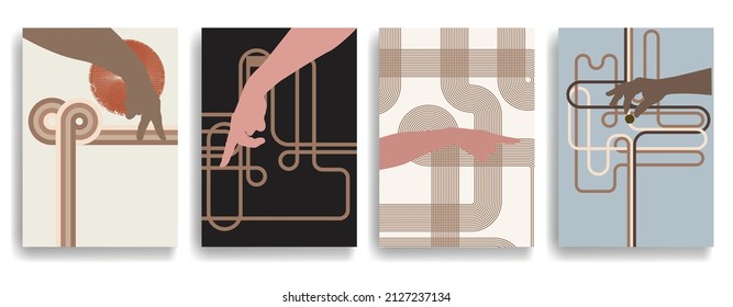 Modern poster with minimalist design elements and hands in Boho style  . Wall art , home deco . Vector abstract shape.