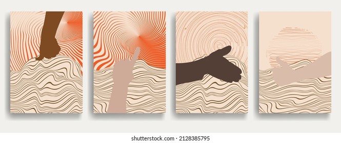 Afiche moderno con elementos de diseño minimalista y manos en estilo Boho . Arte mural, deco doméstico. Forma abstracta del vector.