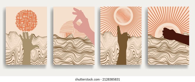 Modern poster with minimalist design elements and hands in Boho style  . Wall art , home deco . Vector abstract shape.