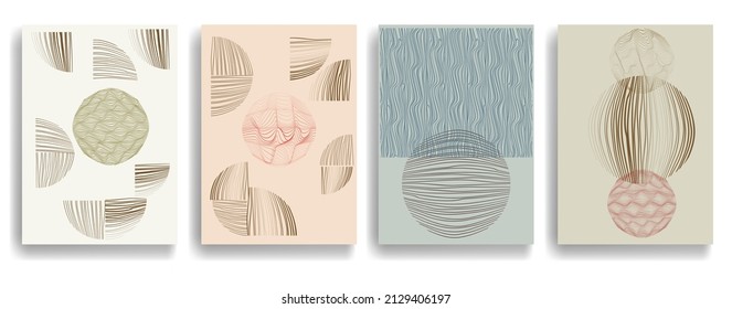 Afiche moderno con elementos de diseño minimalista. Líneas retro y círculos de textura gruesa al estilo Boho . Arte mural, deco doméstico. Forma abstracta del vector.