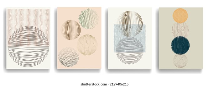 Modern poster with minimalist design elements . Retro lines and grunge textured circles in Boho style  . Wall art , home deco . Vector abstract shape.