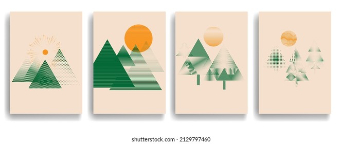 Modern poster with minimalist design elements . Sunset and pine trees . Boho style . Wall art , home deco . Vector abstract shape.