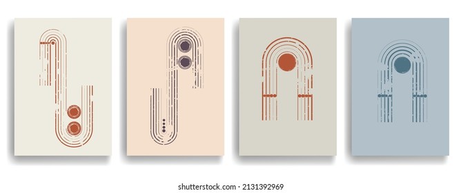 Modern poster with minimalist design elements . Grunge textured circles in Boho style  . Wall art , home deco . Vector abstract shape.