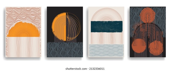 Modern poster with minimalist design elements . Grunge textured circles in Boho style . Wall art , home deco . Vector abstract shape.