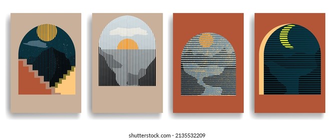 Modern poster with minimalist design elements . Window and arch in Boho style  . Wall art , home deco . Vector abstract shape.